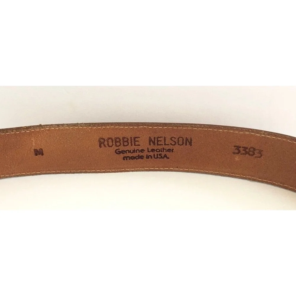 Vintage Robbie Nelson Tan‎ Leather Belt Bronze Buckle Designer Size Medium